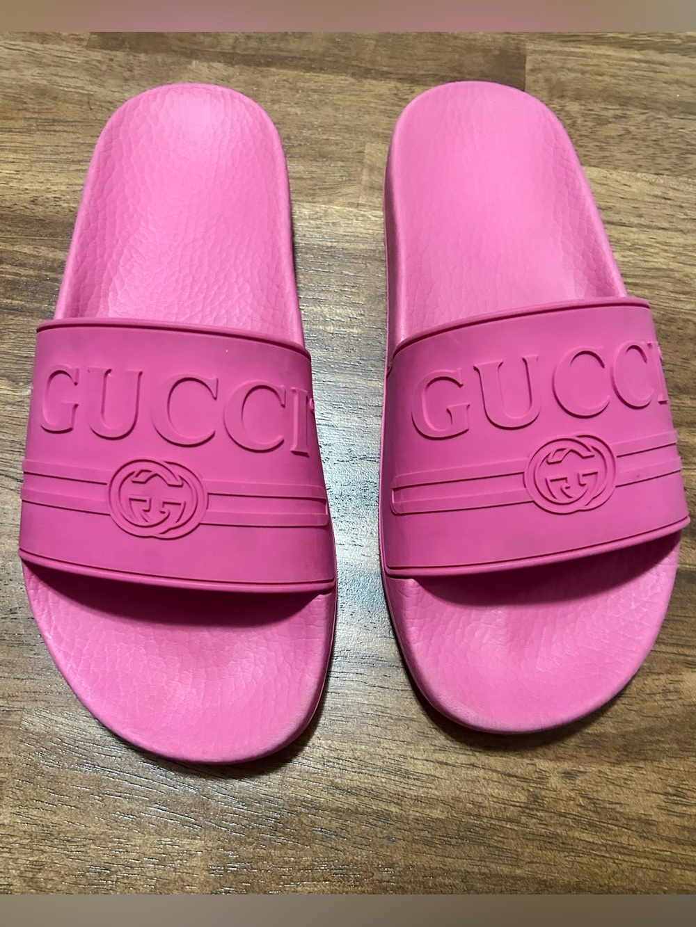 Gucci Hot Pink Embossed Logo Rubber Slide Sandals